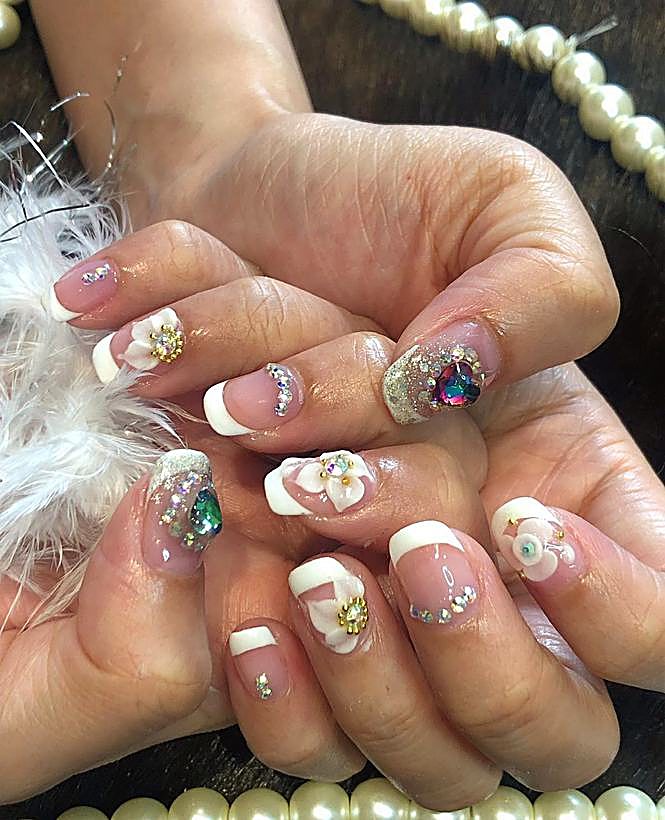 Gel nails with gems and french tips – Ellie Beauty, Singapore