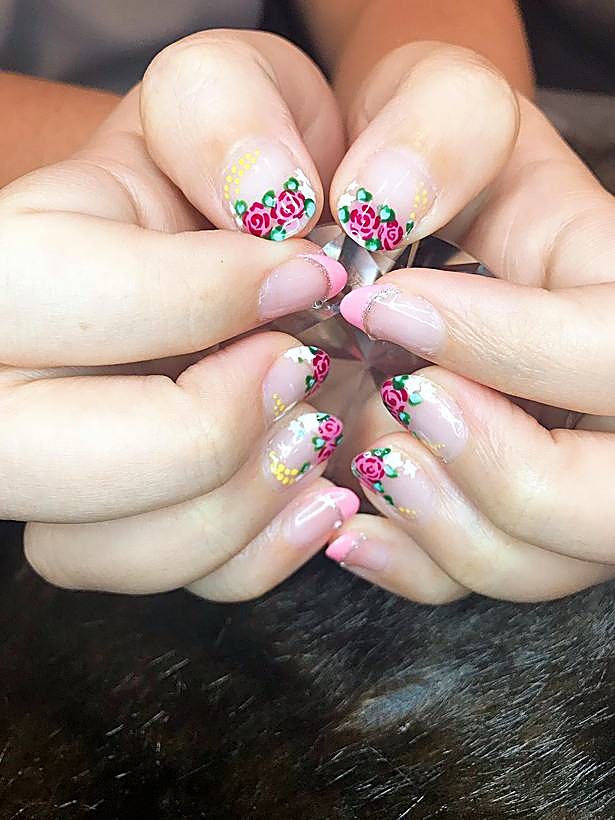 Floral french tip nails – Ellie Beauty, Singapore